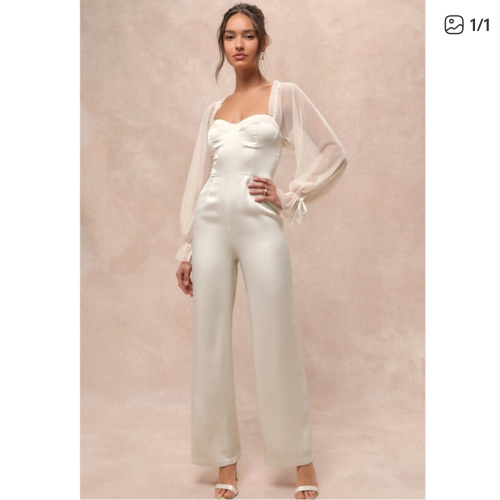 NWT Lulus Gracefully Modern Ivory Satin Mesh Long Sleeve Bustier Jumpsuit